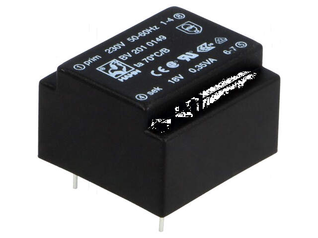 Transformator: ingegoten; 0,35VA; 230VAC; 18V; 19mA; PCB; BV Transformator: ingegoten; 0,35VA; 230VAC; 18V; 19mA; PCB; BV